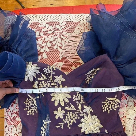 Vintage Navy Purple Organza Prom Gown Embroidered Ruffle Off Shoulder Dress Sz S - Picture 7 of 8